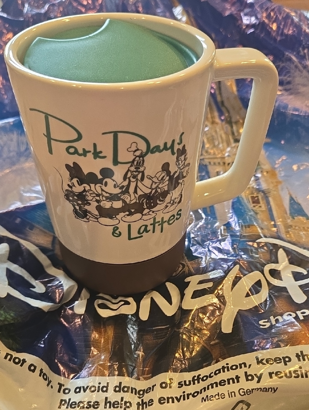 Disney Park Days & Lattes Ceramic Mug — White and Green